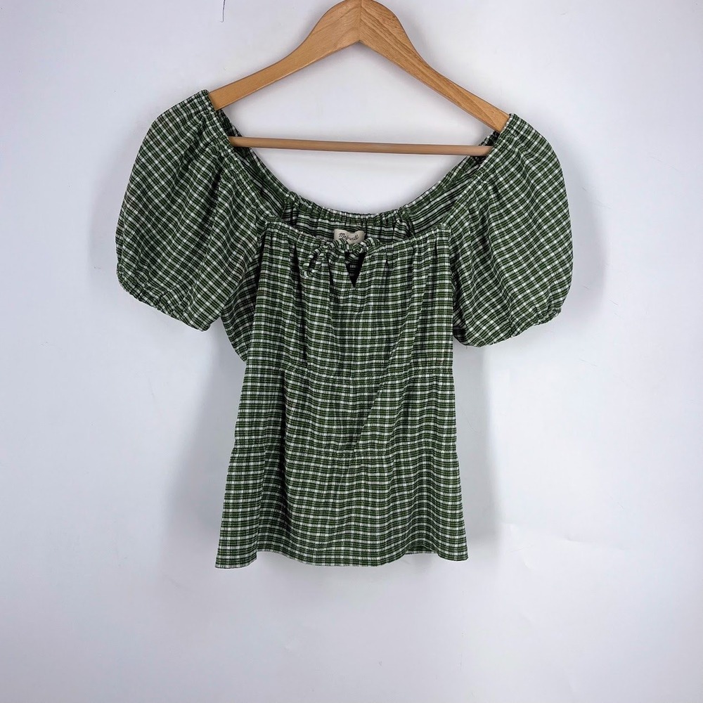 Madewell Green Gingham Puff Sleeve Smocked Waist Top NJ808 Womens Size M